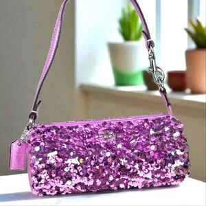 COACH #CQ589 NOLITA BAG PURPLE METALLIC SEQUIN HAND SHOULDER SPRING SUMMER PURSE